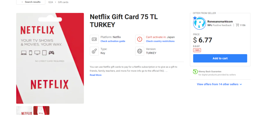 Netflixギフトコードを選択して、カートに追加