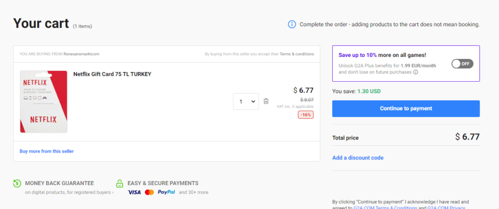 カートに追加、「Continue to payment」をクリック